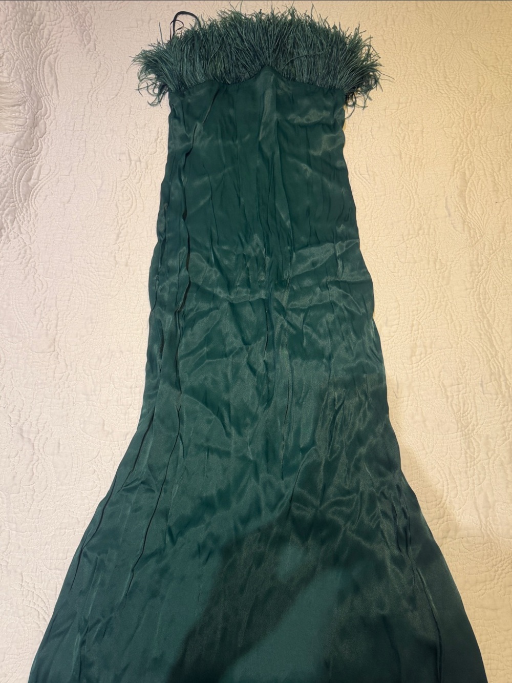 Zara Emerald Green Strapless Feather-Trim Gown